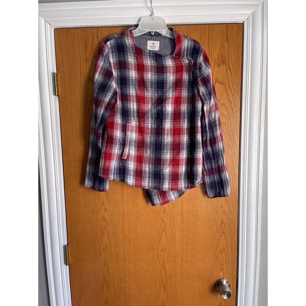 Dylan Los Angeles Plaid Top Small Blue Red Frayed Hem Jacket EUC